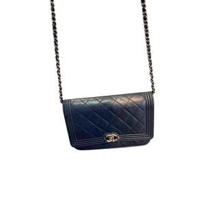 Chanel Boy Wallet on Chain*Navy Blue Lamb Skin Leather*Financially Backed COA